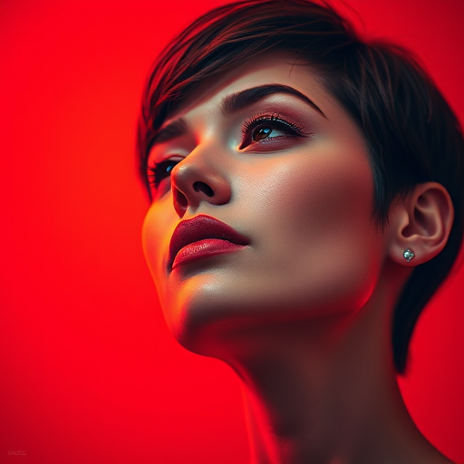Create a high-resolution digital painting of a woman with short hair, using a warm red color palette and geometric shapes, shot with a Canon EOS R5, 85mm lens, f/1.8 aperture, ISO 100, soft focus background, in a dramatic low-angle perspective for enhanced depth.