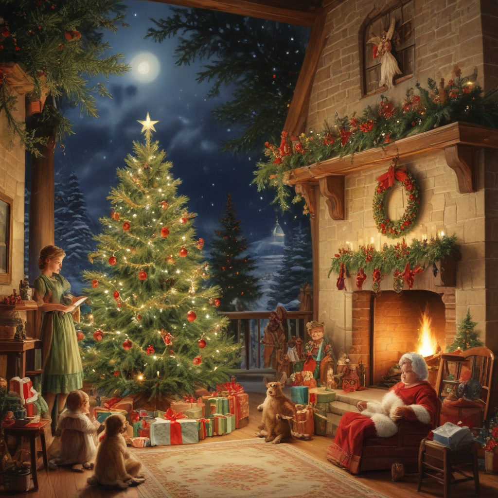 Cozy Christmas Eve by the Fireplace with a Beautiful Tree and Gifts