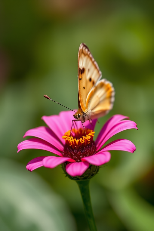 macro shot of a butterfly on a pink flower with a blurred green background, f/2.8 aperture, ISO 100, 1/200 sec shutter speed, Canon EF 100mm f/2.8L Macro IS USM lens, natural lighting, shallow depth of field