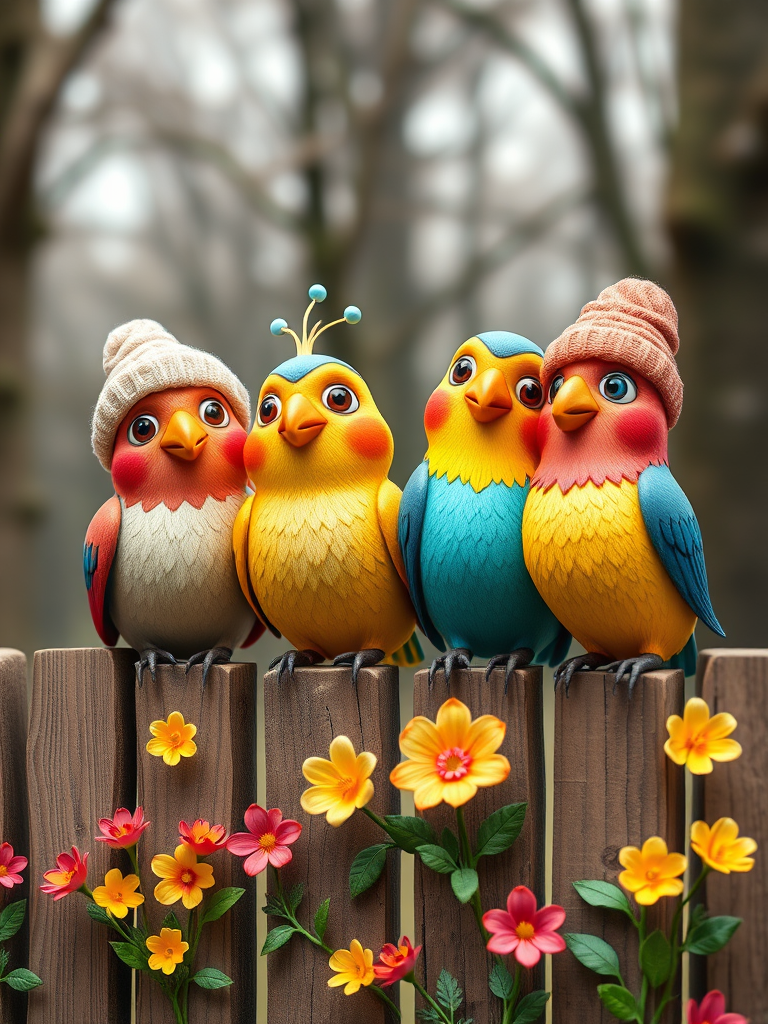 create a scene of 4 quirky  whimsical colourful comical birds each with a funny expression. they are sat on a wooden fence with colourful flowers. they are all different sizes. each one is a different colour  one is wearing a woolly hat. Each one has a different quirky google expression and there is a muted background of trees watercolour paintierly style high definition 8k resolution 3D paper mache