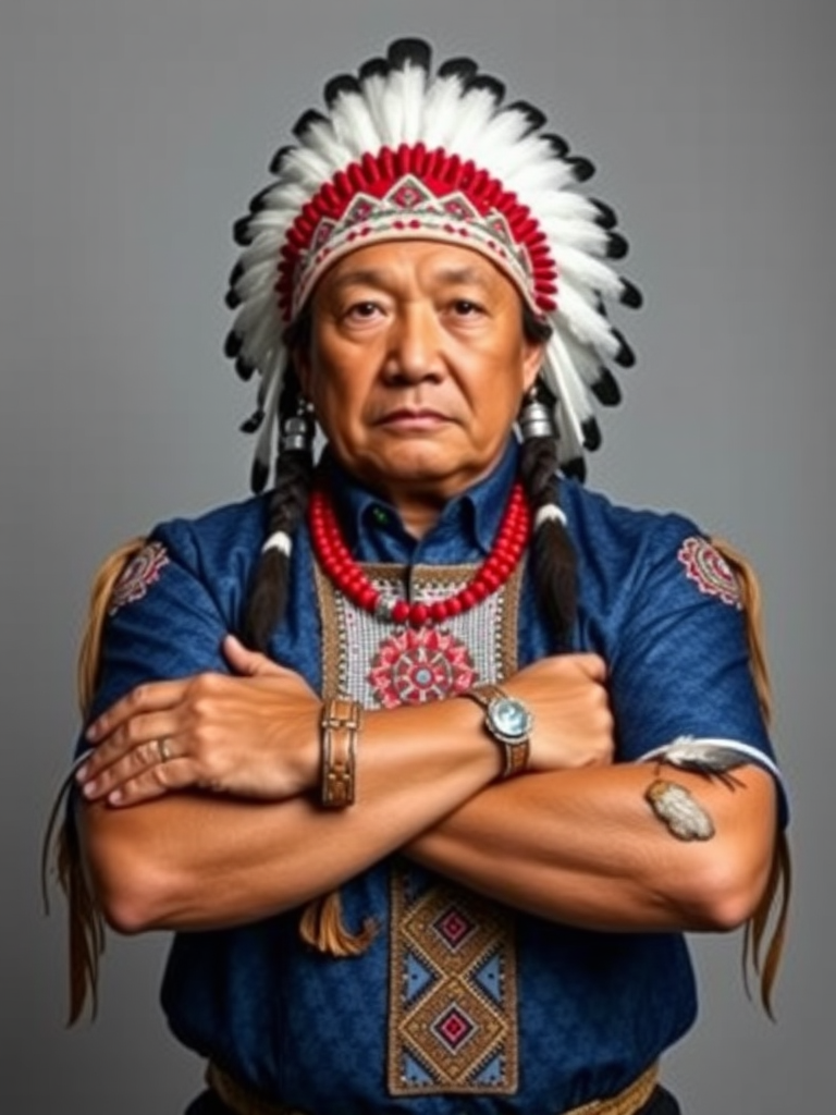 Create a dignified portrait of a Native American man dressed in traditional attire. He wears a beautifully crafted headdress adorned with white feathers and red beads, along with a beaded headband featuring intricate patterns. His clothing includes a deep blue, patterned shirt and a traditional chest piece with detailed beadwork. His arms are crossed, displaying leather armbands decorated with feathers. The background is simple and neutral, emphasizing his proud and stoic expression. The overall image captures the rich cultural heritage and strength of his persona.