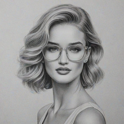 Gorgeous Rosie Huntington-Whiteley, pencil sketch, portrait of Alluring woman 1938s in glasses, hair style beatnik, outline, clear lines, fine lines, 8k