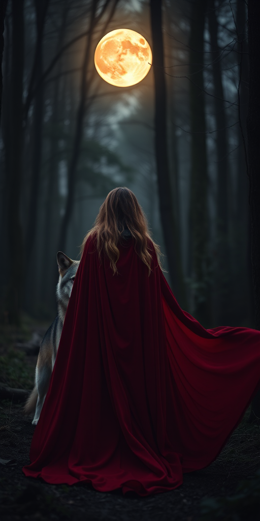 Create an ethereal forest scene with a woman in a flowing crimson cloak standing beside a majestic wolf, a full moon illuminating the background, captured with a Canon EOS R5, 50mm f/1.2 lens, aperture f/1.8, ISO 200, 1/60 sec, dusk lighting for a soft, mystical atmosphere.