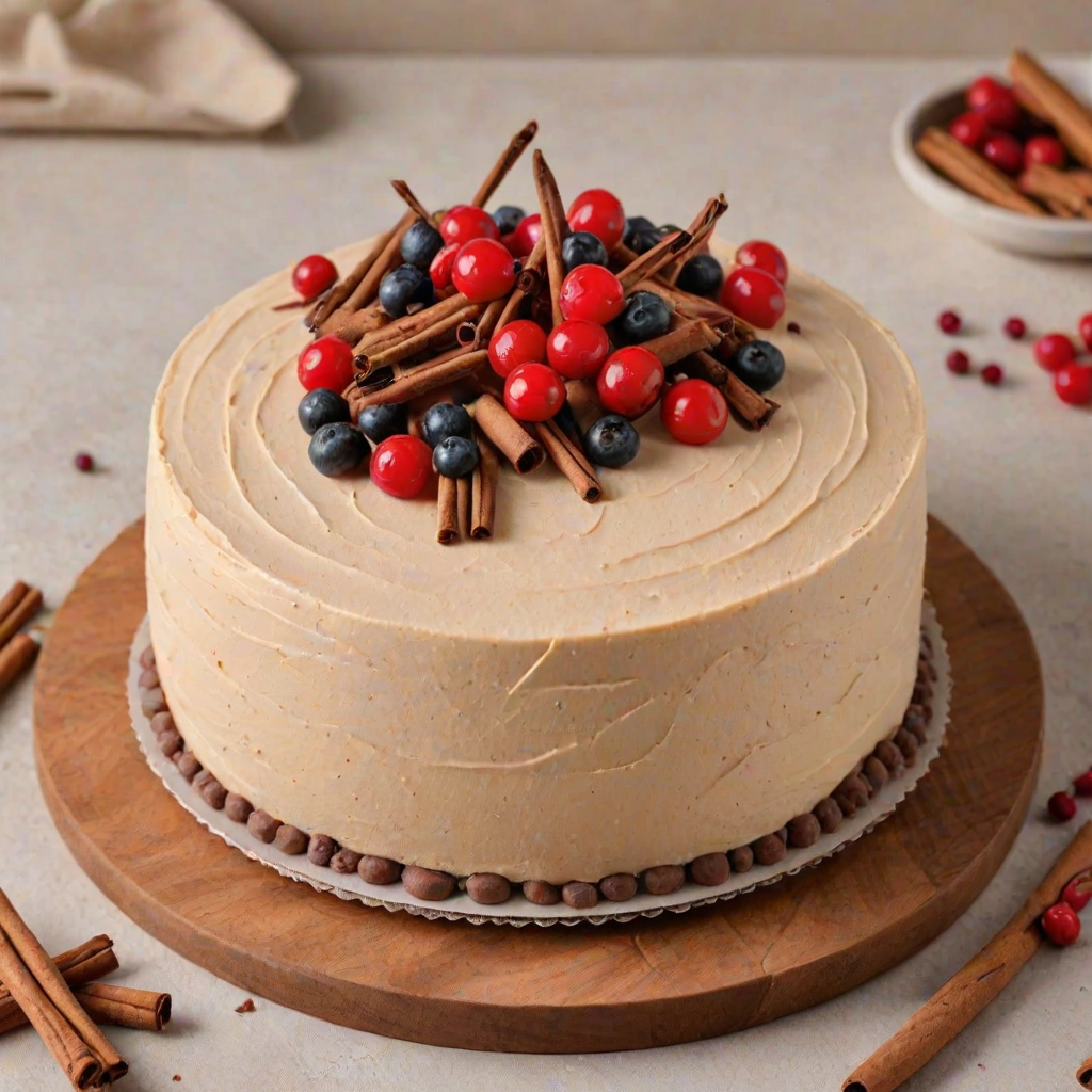 Create an image of a round cake with a smooth, beige frosting. The top is decorated with a simple circular line design in chocolate and features a few cinnamon sticks and red berries around the edge. The cake is placed on a wooden cake stand, set against a neutral background.