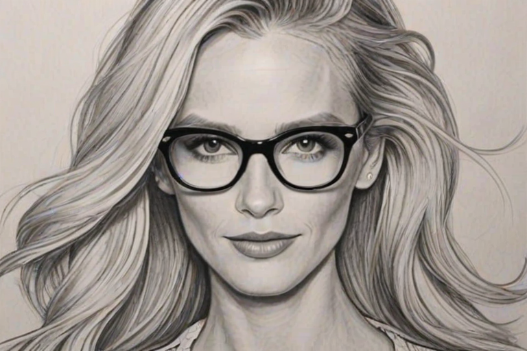 Alluring Poppy Delevingne, pencil sketch, portrait of Enticing woman 1947s in glasses, hair style beatnik, outline, clear lines, fine lines, 8k