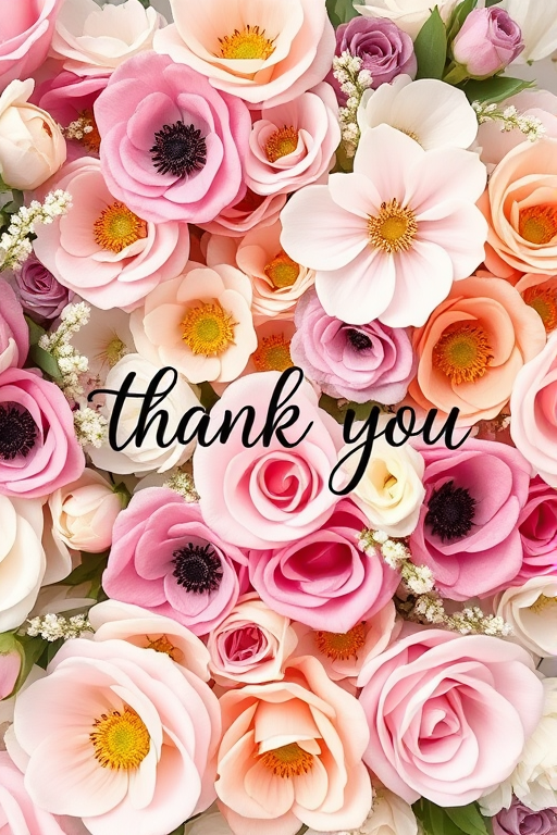 Create a floral arrangement background featuring pastel colors with a centered "thank you" in elegant handwritten script, captured using a DSLR camera with a 50mm lens, aperture set to f/2.8, ISO 100, natural light, shallow depth of field for enhanced focus on the text.