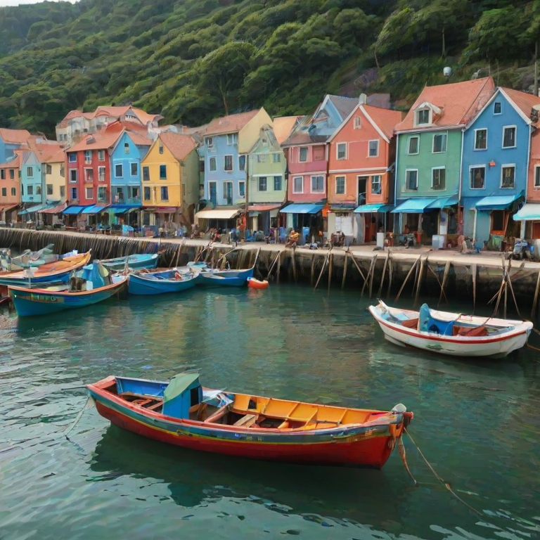 Picturesque fishing village, with colorful boats bobbing in the harbor, fishermen mending nets, and quaint houses lining the waterfront, evoking a sense of nostalgia.