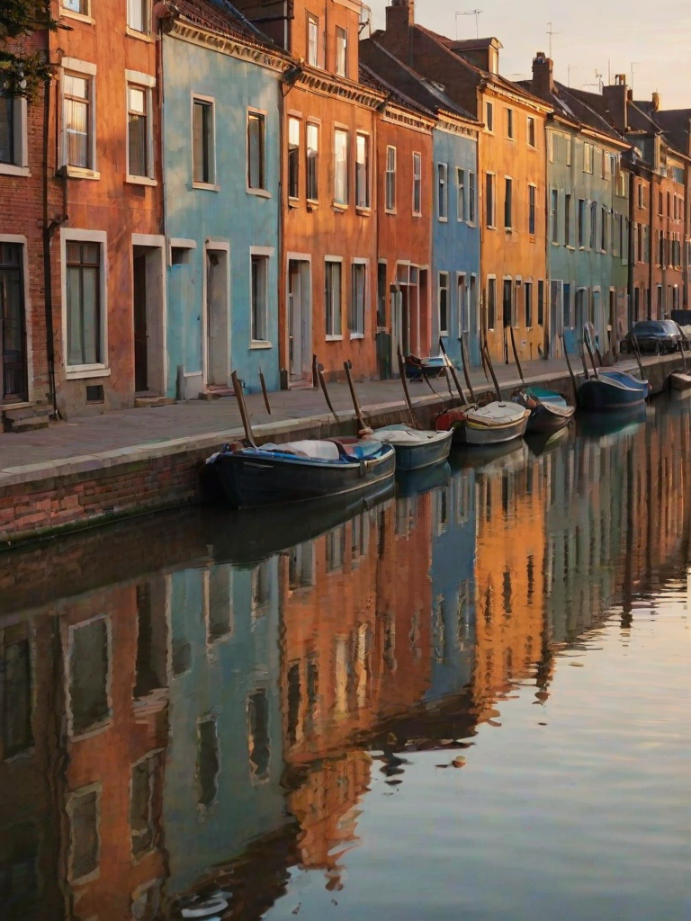 Soft-focus image of a row of colorful houses along a quiet canal at sunset, soft golden light reflecting off the water, with gentle ripples creating a sense of calm and serenity.