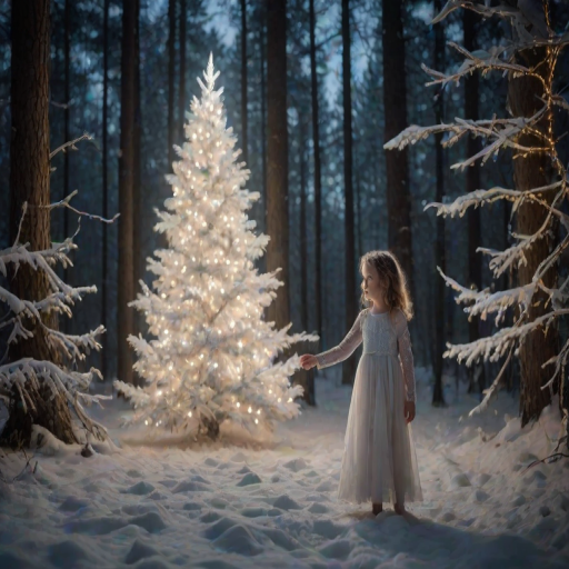 a mystical forest at night with a glowing white Christmas tree and a young child in a flowing dress standing nearby, surrounded by soft light and glowing particles in the air