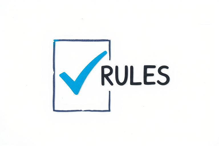 Generate a graphic of a blue check mark inside a square outline with the word "RULES" displayed prominently, shot with a Canon EOS R5 at f/8, ISO 100, 50mm lens, using a flat lay composition to enhance clarity and color vibrancy.