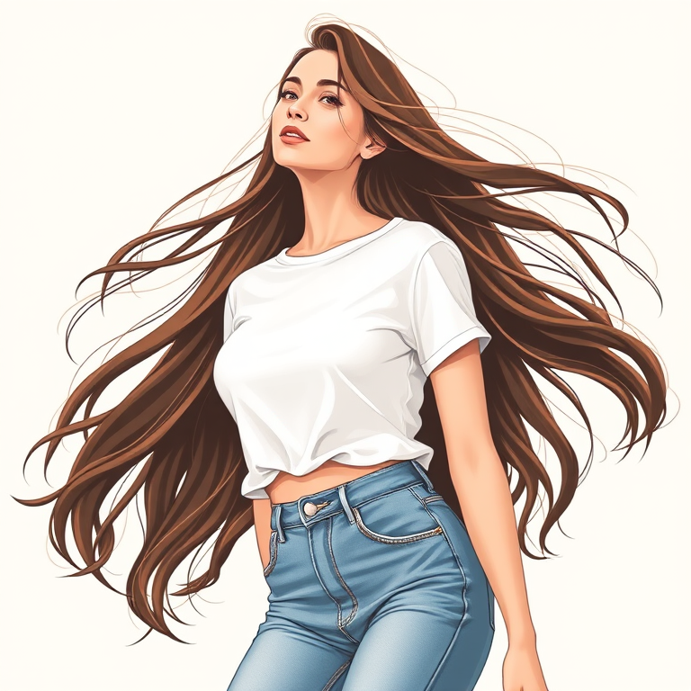 Create a digital illustration of a woman with long, wavy hair flowing in the wind, wearing a simple white t-shirt and high-waisted jeans, with a soft, neutral background, using a Canon EOS R5 camera with an 85mm lens, aperture f/1.8, ISO 100, shutter speed 1/200s, in portrait orientation to enhance image quality.