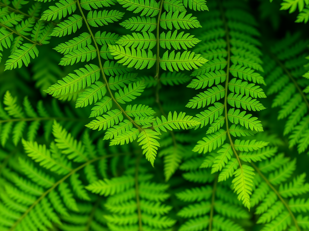 regenerate an image of lush green fern leaves arranged in a repeating pattern, with a macro lens at f/2.8 aperture, ISO 100, 1/200 sec shutter speed, using a DSLR camera, natural light, top-down view