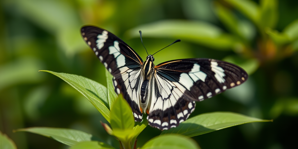 close-up of a black and white butterfly resting on green leaves, shallow depth of field, f/2.8 aperture, 50mm lens, natural lighting, DSLR camera, macro photography style