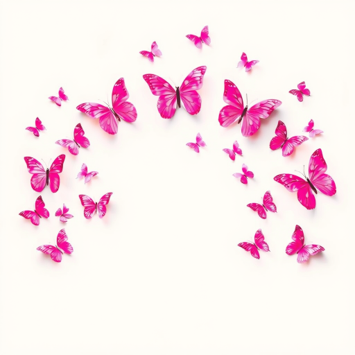 Create an image of a collection of pink butterflies in various sizes, arranged in a flowing pattern that suggests movement. The background should be plain and light to highlight the butterflies, which should have detailed wings and some variations in shade.