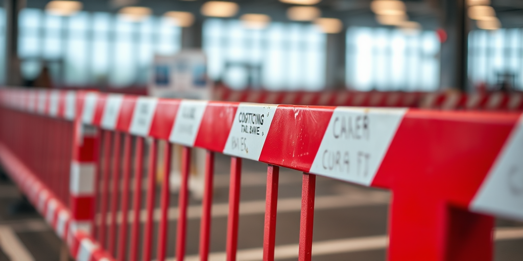 Create a high-resolution image of a construction barrier with red and white stripes, captured with a DSLR camera using a 50mm lens at f/2.8, ISO 100, 1/200s, with a shallow depth of field to blur the background and emphasize the barrier in a well-lit environment.