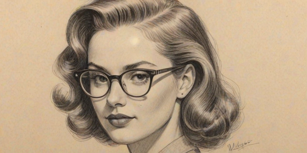 Wonderful Madelyn Cline, pencil sketch, portrait of Splendid woman 1946s in glasses, hair style beatnik, outline, clear lines, fine lines, 8k