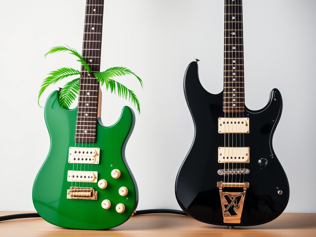 Create an image of two electric guitars resembling palm trees, one in vibrant green and the other in sleek black, captured with a DSLR camera at f/2.8 aperture, 50mm lens, 1/200s shutter speed, natural lighting, in a close-up view to enhance detail.