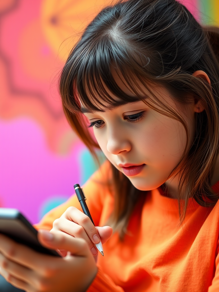 Portrait of a young woman focused on drawing on a tablet, vibrant multicolored background, well-lit with soft diffused light, using a DSLR camera with a 50mm lens, aperture f/1.8, ISO 200, shot from a slightly elevated angle for depth and detail.