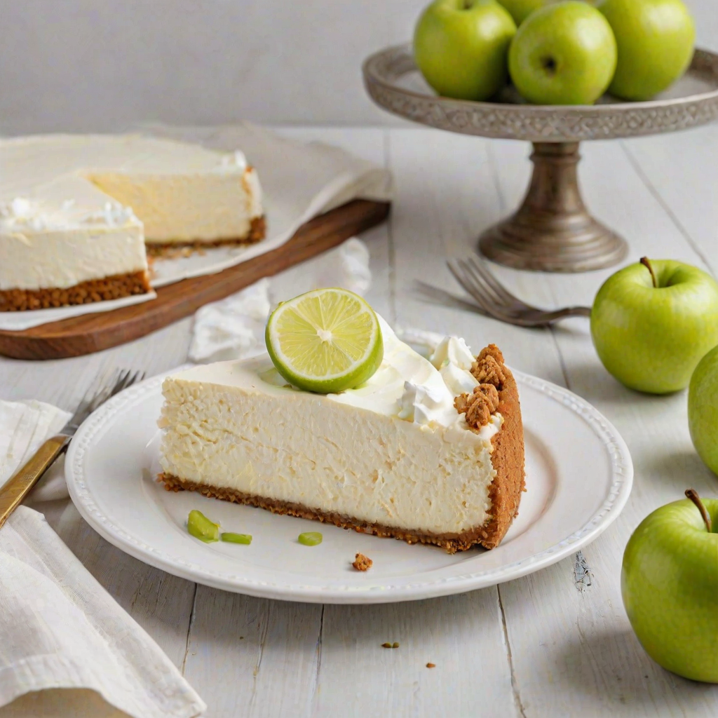 Generate an image of a delicious, creamy cheesecake with a graham cracker crust. The cake is topped with whipped cream and slices of green apple, garnished with lime zest. A slice of the cheesecake is served on a plate next to the whole cake, which is displayed on a white wooden table. Include a soft, neutral-colored cloth underneath and a vintage knife and fork beside the plate.