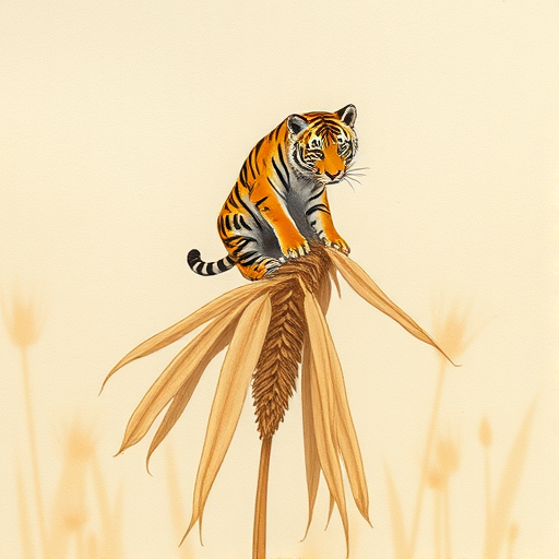 Soft, muted Alcohol Ink with ebru effect background image of tiny whimsical tiger, who climbed high on the top of a golden rye ear.