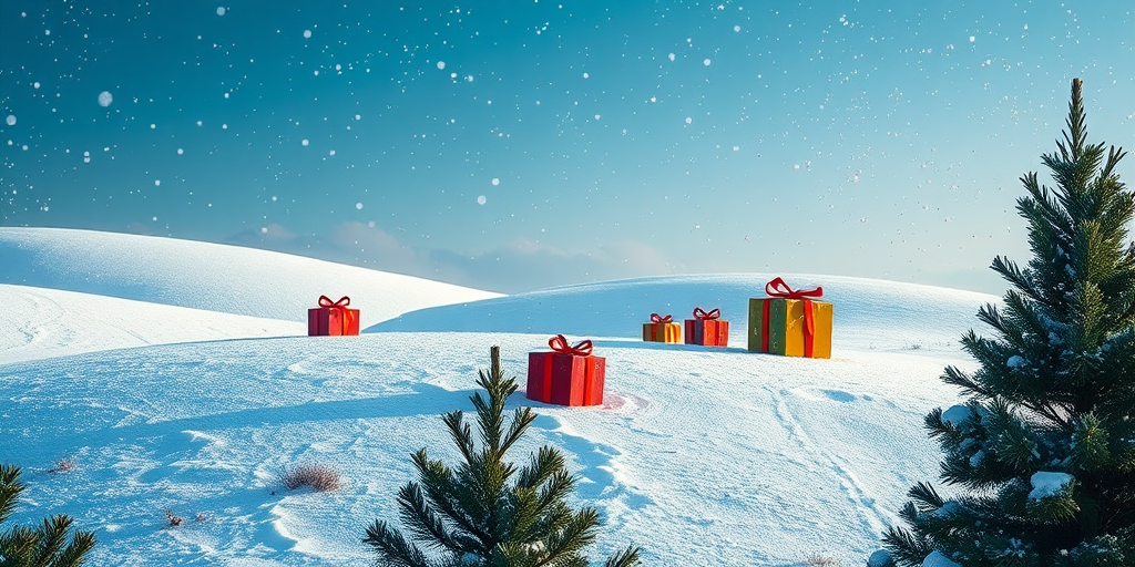 a whimsical winter landscape featuring colorful gift boxes on snow-covered hills, delicate snowflakes falling from the sky, with pine trees in the foreground, captured with a DSLR camera at F/8, ISO 100, 1/125s, wide-angle lens, high dynamic range for vibrant colors and sharp details