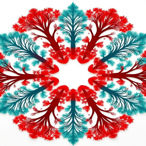 Create a vibrant circular geometric pattern featuring interlocking tree silhouettes in red and teal on a white background, shot with a Canon EOS R5 at f/8, 24mm, ISO 100, in a flat lay style for optimal clarity and detail.
