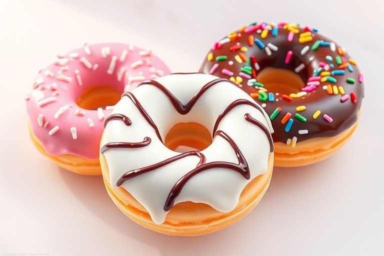Create a high-resolution digital illustration of three donuts on a translucent background, one with pink icing and sprinkles, one with white icing and chocolate drizzle, and one with chocolate icing and colorful sprinkles, set using a Canon EOS R5 with a 50mm f/1.2 lens at f/2.8, ISO 100, 1/125 sec, in soft natural lighting for enhanced detail and color vibrancy.