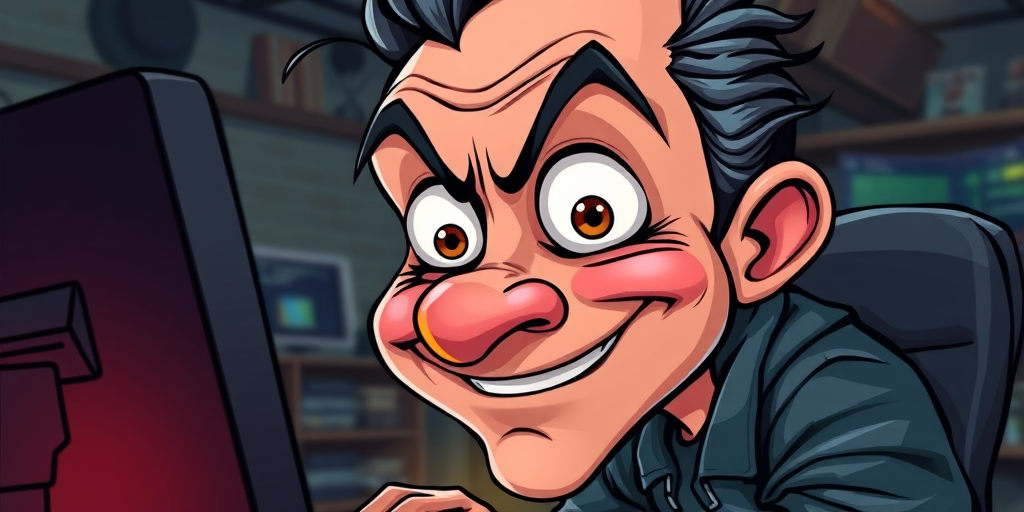 Big-head caricature of a lurker staring at a computer screen. His eyes are bulging with a delightful expression on his face, smiling like a villain. intrinsic details, background blurry hackers den, cartoon..