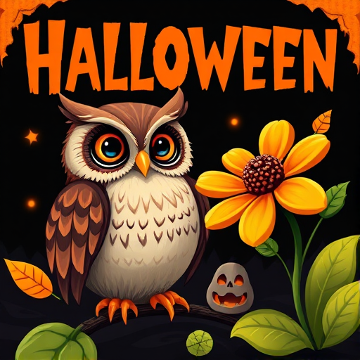 Create a vibrant Halloween-themed graphic featuring a large, playful owl and a cheerful flower with bold, contrasting colors, shot in high resolution with a 50mm lens at f/8, ISO 100, in natural daylight, using a digital camera for enhanced image clarity and detail.