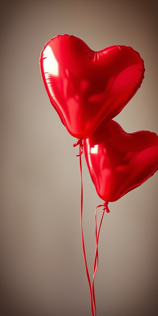 Create a vibrant illustration of three red heart-shaped balloons intertwined, using a 50mm lens, f/2.8 aperture, soft focus background, and high dynamic range to enhance color saturation and detail.