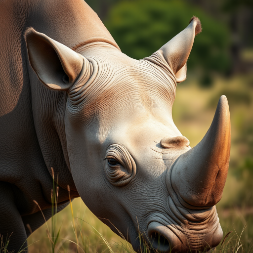 close-up of a rhinoceros in a savanna, 85mm lens, f/4 aperture, ISO 200, natural light, shallow depth of field, DSLR camera, high resolution