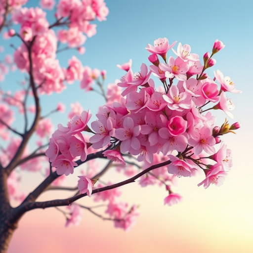 Create an illustration of a cherry blossom tree with vibrant pink and white flowers, set against a smooth gradient sky, using a digital painting technique, captured with a 50mm lens at f/8, ISO 100, natural light, with a soft-focus background for depth.