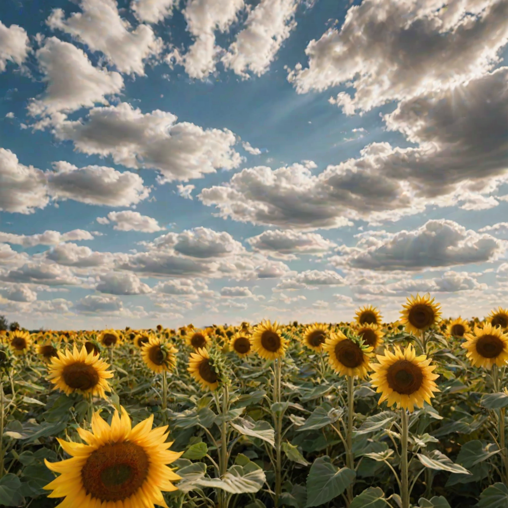 Soft-focus image of a field of sunflowers swaying gently in the breeze, soft golden light illuminating their vibrant petals, and a blue sky with fluffy white clouds overhead.