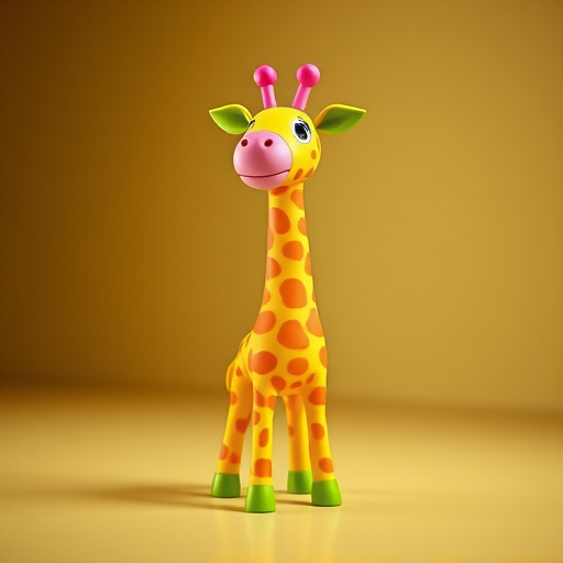 Create a vibrant 3D illustration of a colorful toy giraffe with a yellow body, pink head, and green ears, set on a smooth surface with a gradient background, using a Canon EOS 5D Mark IV, 50mm lens, f/1.8 aperture, ISO 100, and a low-angle view for dramatic effect.