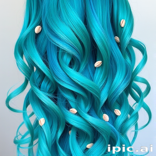 Vibrant teal mermaid waves cascade down to the waist, shimmering with iridescent highlights and adorned with tiny seashells, creating a mesmerizing underwater-inspired look called "Oceanic Dream"