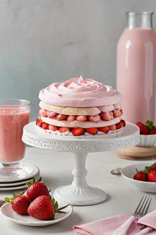 Create an image of a layered dessert featuring a pink meringue topping, a creamy middle layer, and a sponge cake base. The dessert should be presented on a white cake stand, with a slice cut out to reveal the layers. Include a few elegant glasses of a pink beverage in the background and some fresh strawberries for garnish. The setting should have a soft, pastel color scheme to enhance the dessert's appeal.