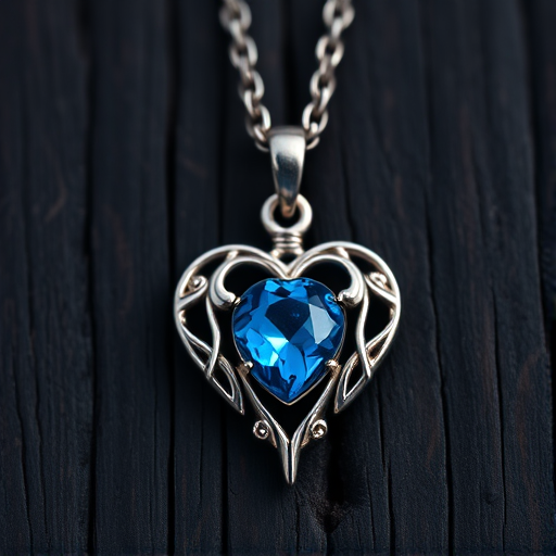 Capture a close-up shot of an intricately designed heart-shaped pendant featuring a blue stone, set against a dark wooden background, using a DSLR camera with an aperture of f/2.8, shutter speed of 1/125s, ISO 100, in natural light to enhance the details and colors, with a shallow depth of field to create a soft bokeh effect.