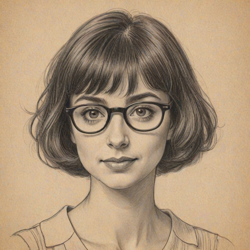 Magnificent Kate Micucci, pencil sketch, portrait of Delightful woman 1922s in glasses, hair style beatnik, outline, clear lines, fine lines, 8k