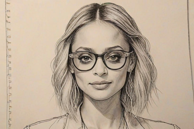 Enticing Nicole Richie, pencil sketch, portrait of Magnificent woman 1923s in glasses, hair style beatnik, outline, clear lines, fine lines, 8k