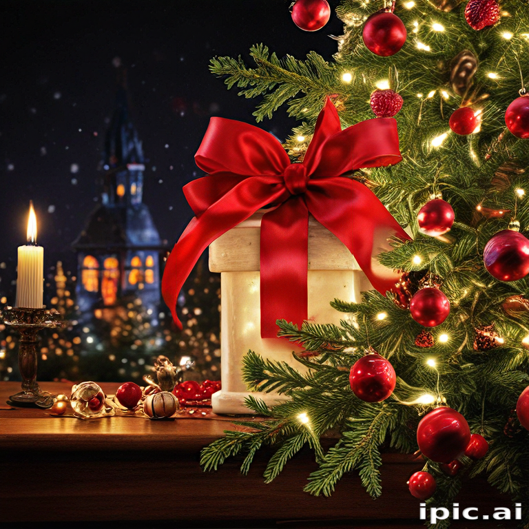 Festive Christmas Scene with a Beautifully Wrapped Gift and Twinkling ...