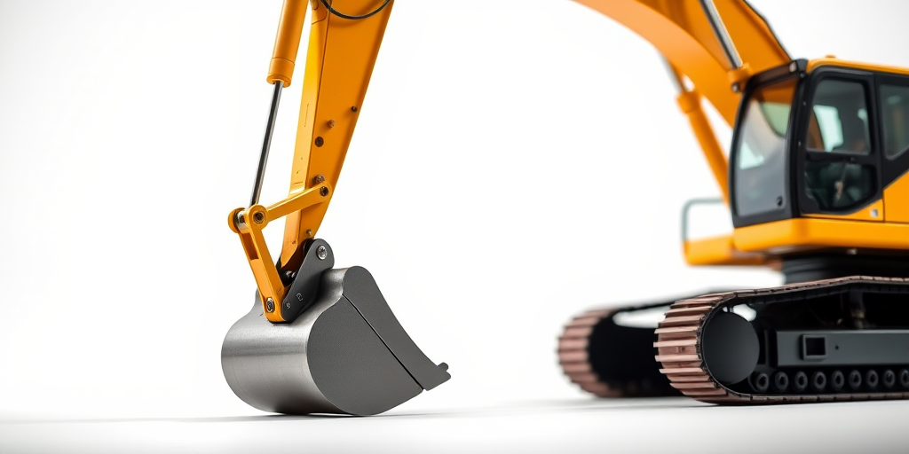 highly detailed close-up of a yellow excavator on a clean white background, soft studio lighting, shallow depth of field, 50mm lens, f/2.8, ISO 100, 1/200 sec, photography style, digital SLR camera