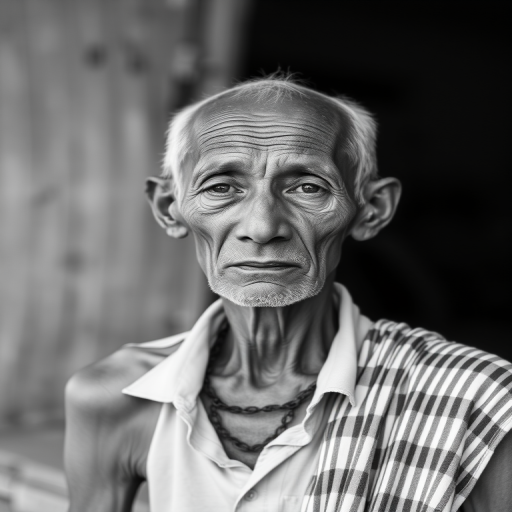 Create a black and white portrait of an elderly man with a thin frame, wearing a simple, sleeveless shirt and a striped cloth draped over his shoulder, with natural light highlighting his facial features and a soft, blurred background.
