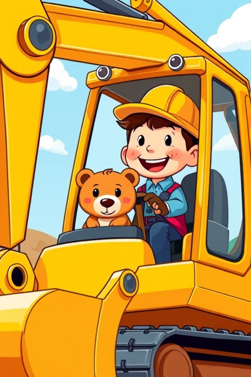 create a vibrant and colorful cartoon-style illustration of a happy cartoon character operating a yellow excavator with a cute cartoon bear in the scoop, use a Canon EOS R5 camera with a 24-70mm lens at f/4, ISO 100, 1/200s, shot from a low angle to emphasize the excavator's size and the character's joyful expression