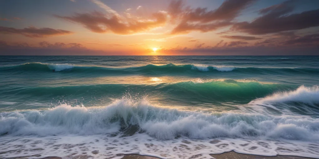 Serene Sunset Over Gentle Waves and Tranquil Ocean Horizon at Dusk