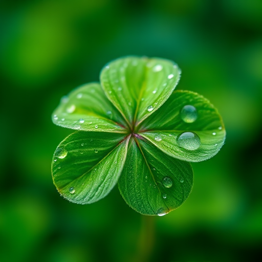 macro shot of a dewy four-leaf clover with droplets on the leaves, soft focus background highlighting green hues, f/2.8 aperture, 1/100 sec shutter speed, ISO 200, natural lighting, DSLR camera, 100mm lens