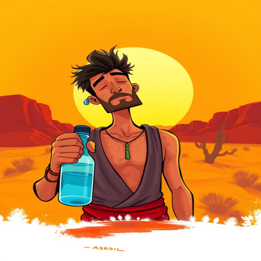 Create a vibrant illustration of a parched man with a teardrop, holding a water bottle in a desert landscape, with a stylized sun in the background, using a warm color palette; settings: f/2.8, ISO 100, shutter speed 1/250 sec; view from eye level; use a digital painting style on a high-resolution camera.