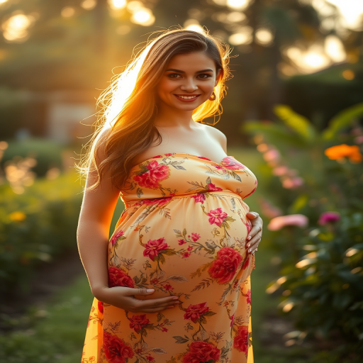 Capture a radiant pregnant woman wearing an elegant floral dress standing in a lush garden during golden hour, with a soft focus on the background, using a Canon EOS R5 camera set to f/2.8 aperture, 50mm lens, ISO 100, with natural light to enhance the warm tones and details in the fabric.