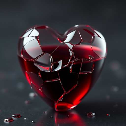 Create a hyper-realistic 3D rendering of a shattered glass heart filled with dark red liquid, using a Canon EOS R5 camera at f/2.8, 1/60 sec shutter speed, ISO 100, with a shallow depth of field and soft lighting to enhance reflections and details.