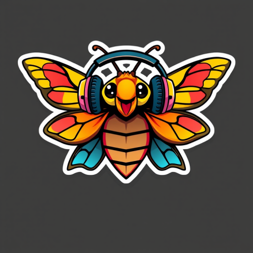 this image is sticker, Happy Colorful Moth wearing Headphones, kawaii, contour, vector, black background