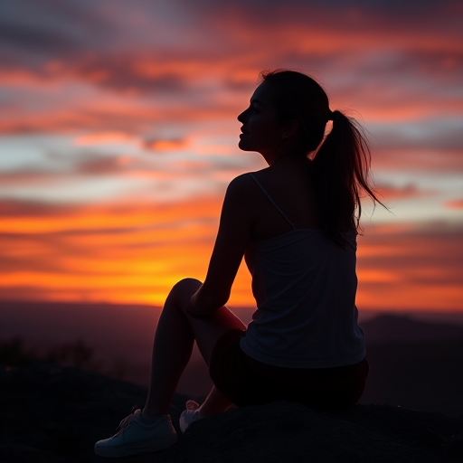 Warmly lit photo of a woman enjoying a sunset while sitting on a rocky outcrop, her silhouette against the vibrant sky, with a peaceful expression as she takes in the moment.